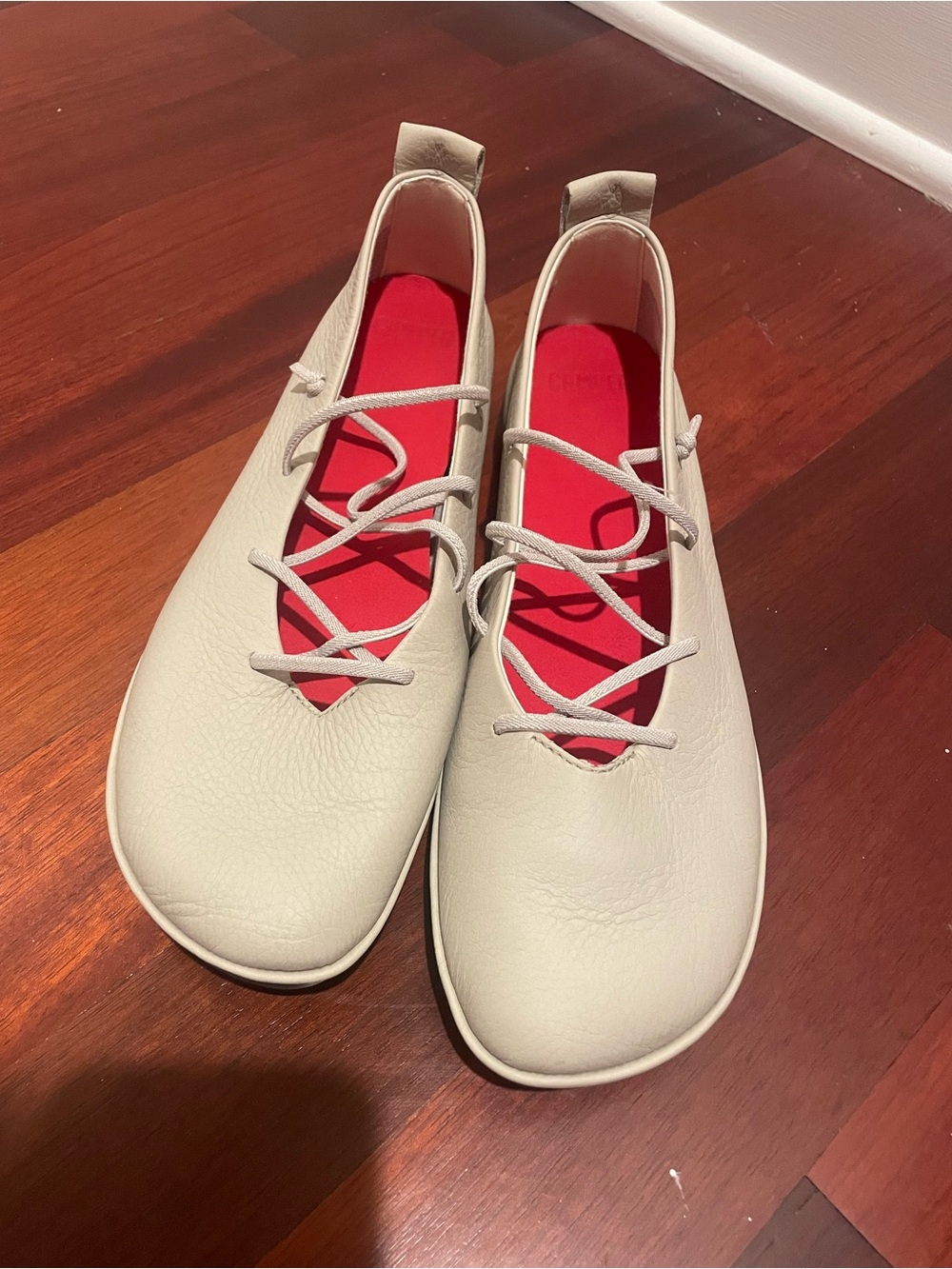 Minimalist Women's Cream Lace-Up Ballet Flats with Red Insole